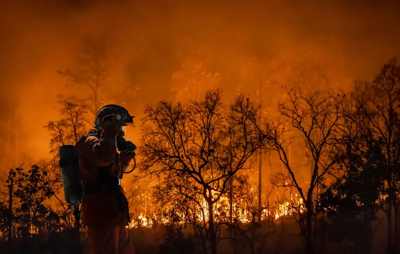 Ein Feuerwehrmann steht im Schatten der Flammen.