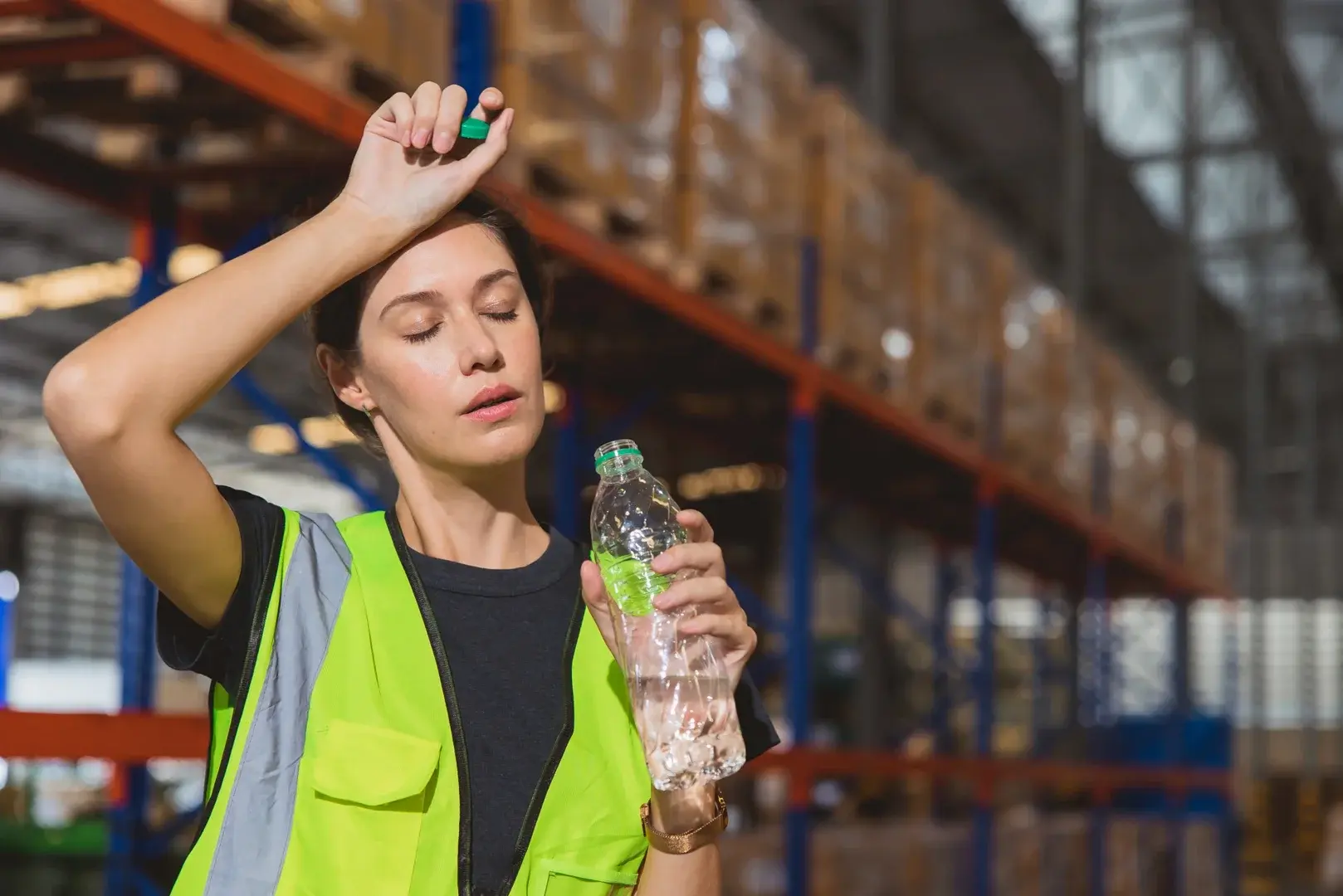 Eine Frau in einem Lager hält eine Wasserflasche, um sich bei der Sommerhitze während der Arbeit abzukühlen.