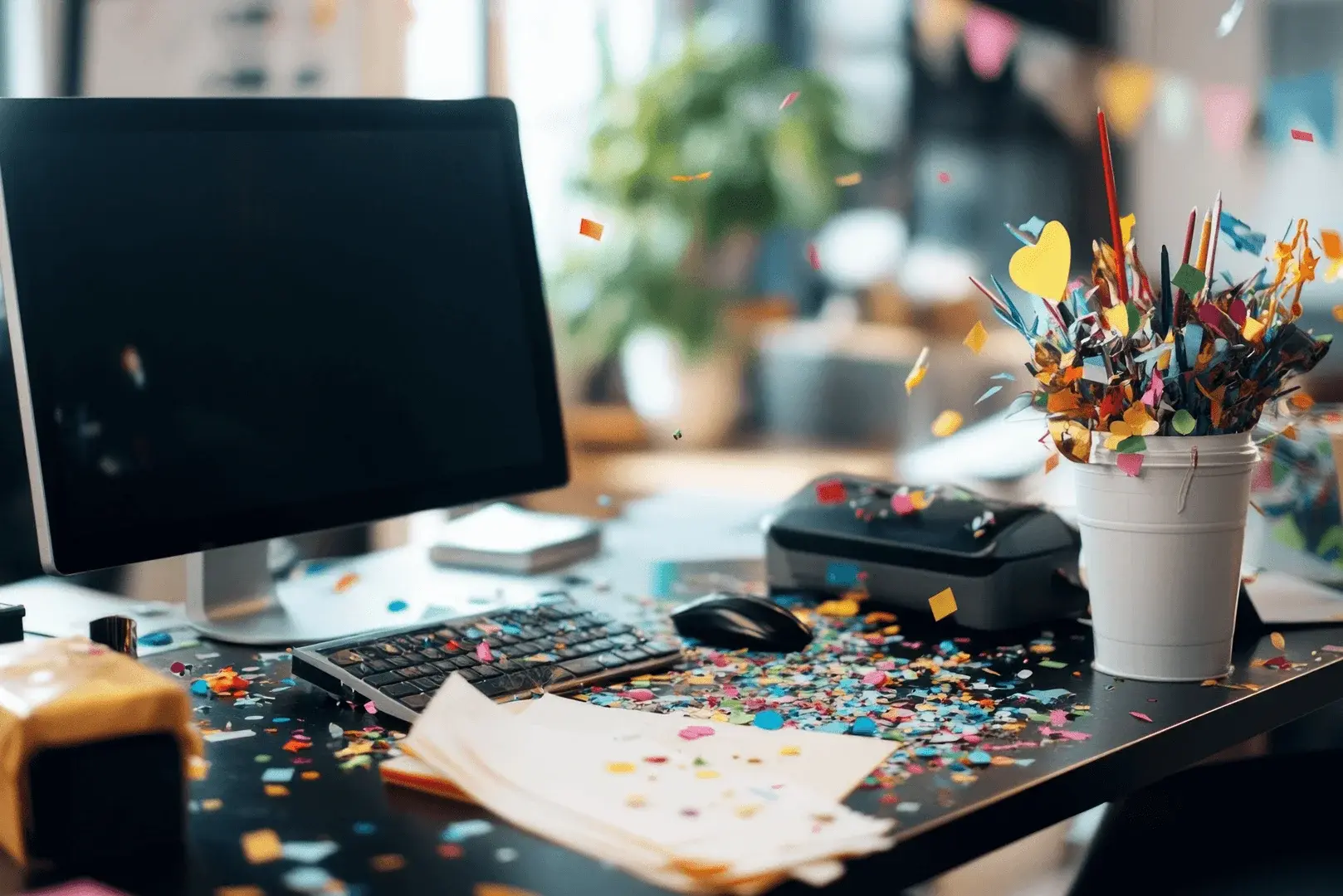 Foto: Ein verlassener Arbeitsplatz voll mit Konfetti 