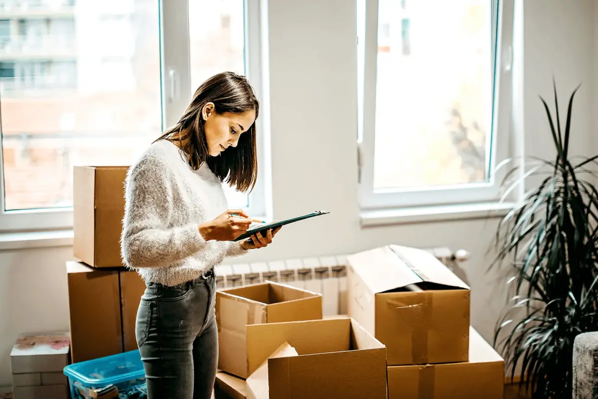 Frau steht in einer Wohnung vor gepackten Kisten und liest ein Dokument. 