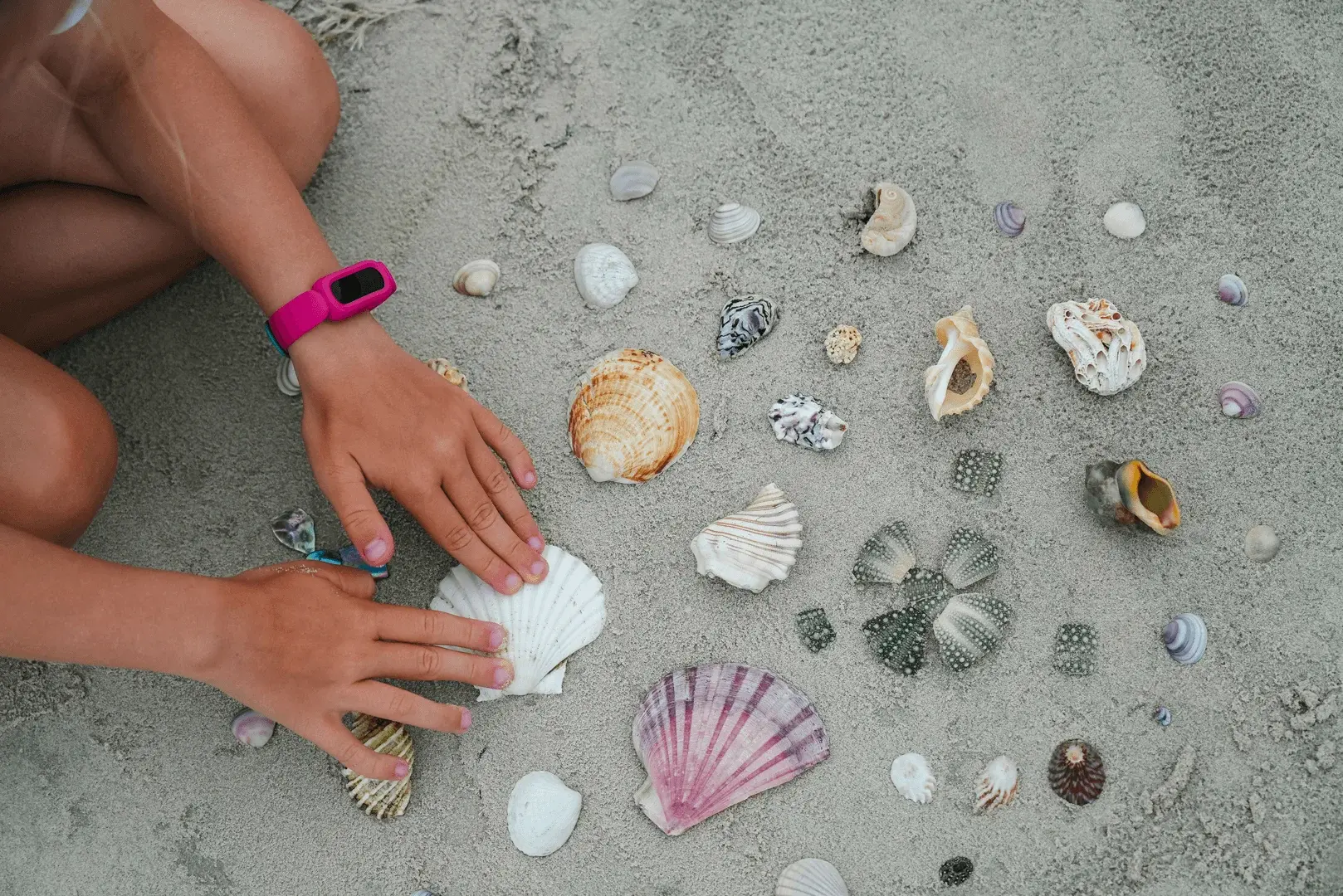 Foto: ein Kind zeigt die gesammelten Muscheln, Korallen und anderes Strandgut