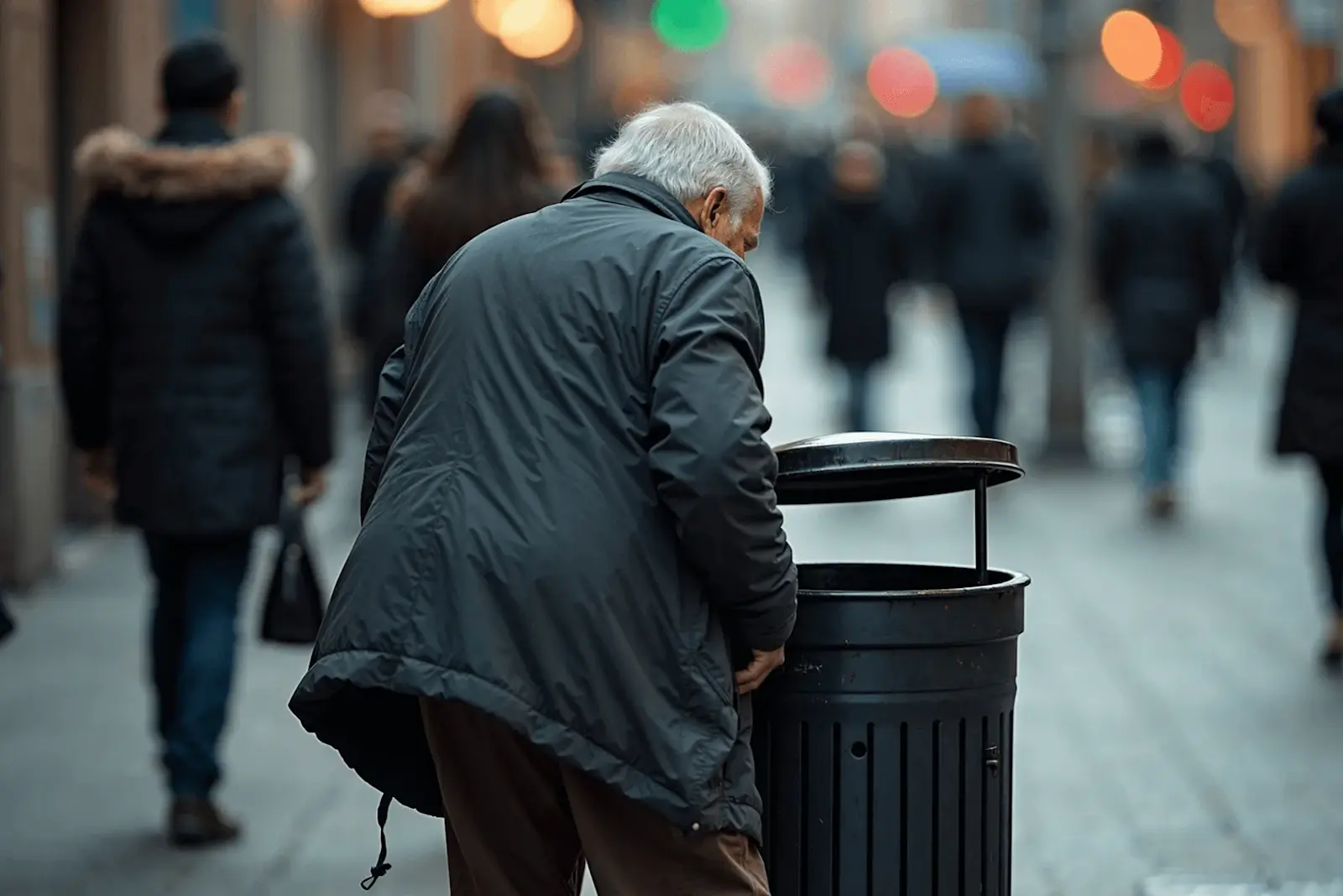 Foto: Ein älterer Mann schaut in einem Mülleimer nach Pfandflaschen