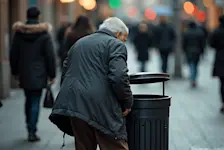Foto: Ein älterer Mann schaut in einem Mülleimer nach Pfandflaschen