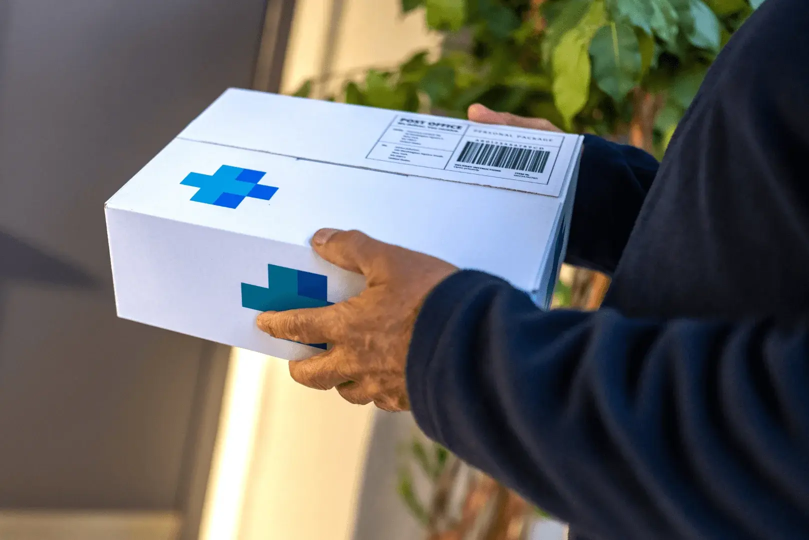 Foto: Ein Paketbote liefert ein Paket von einer Versand-Apotheke