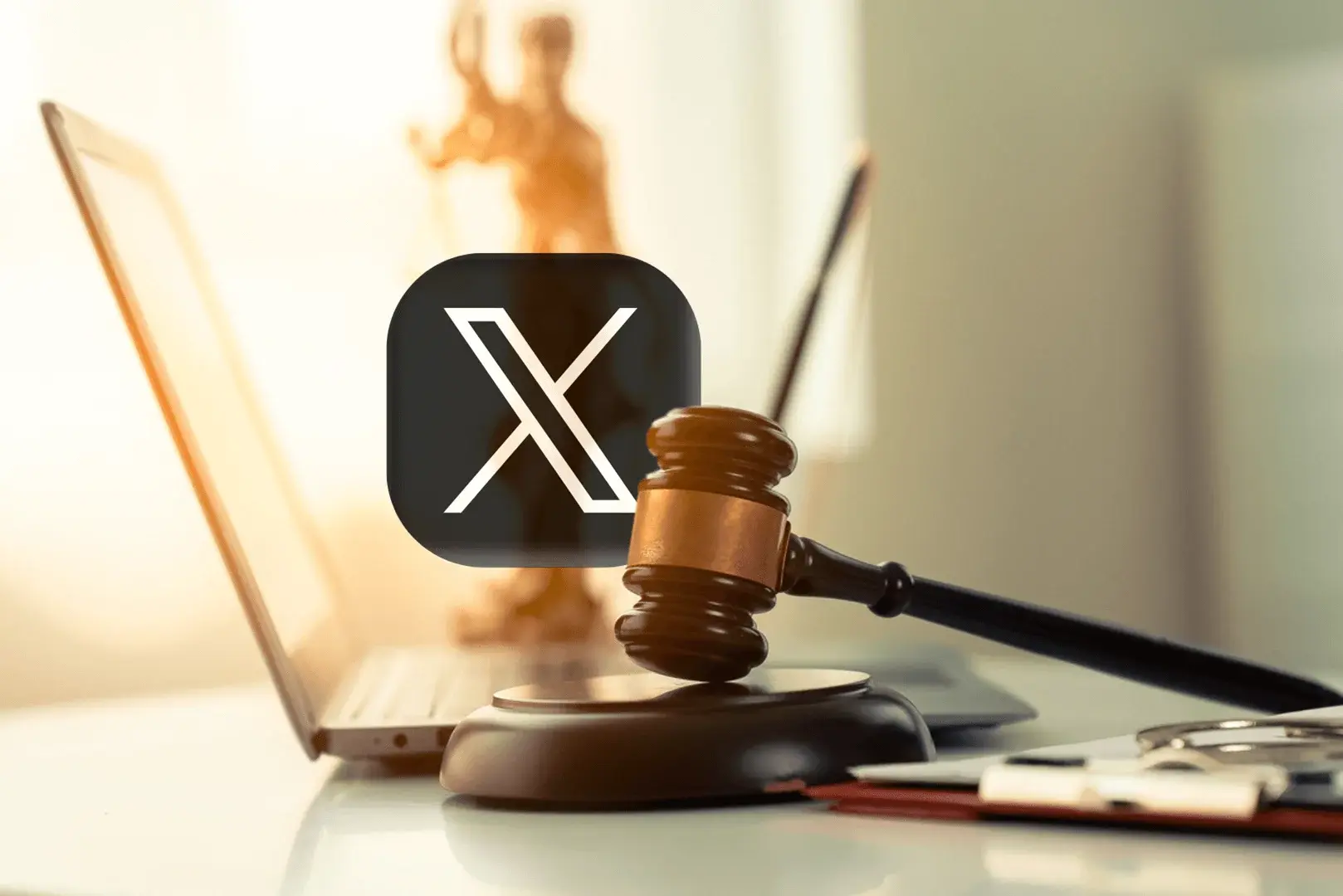 Foto: Das Logo von X, ehemals Twitter, erscheint hinter einem Richterhammer zum Thema Datenleck.
