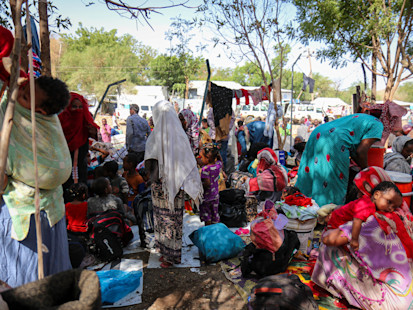 Metema Yohannes border, Amhara region, Ethiopia. Following the outbreak of conflict in Sudan, asylum-seekers, refugees, returnees and third-country nationals, arrive at the border crossing point in Ethiopia 