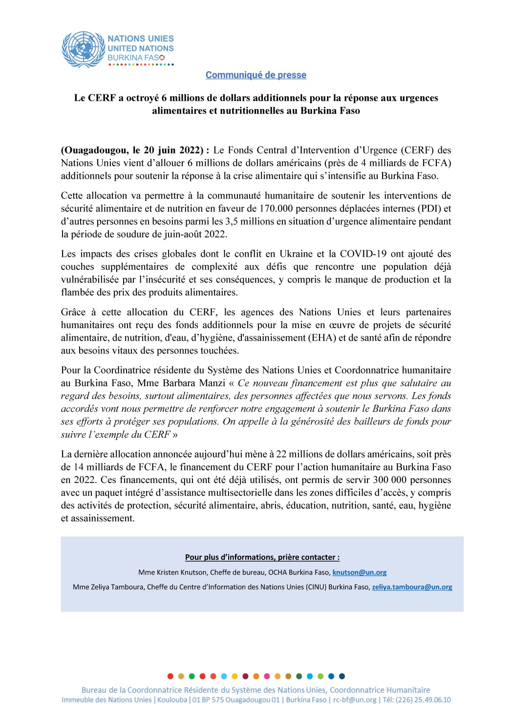 Communiqué de presse:Le CERF a octroyé 6 millions de dollars additionnels pour la réponse aux urgences  alimentaires et nutritionnelles au Burkina Faso