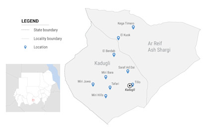 South Kordofan, location of areas affected in and around Kadugli