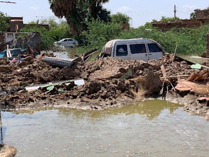 Homes destroyed and property damaged by floods, stagnant and contaminated water seen in Wad Mukhtar village on 3 September 2020