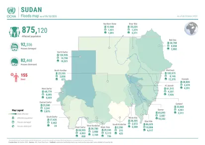 السودان - خريطة الفيضانات حتى السادس من أكتوبر 2020