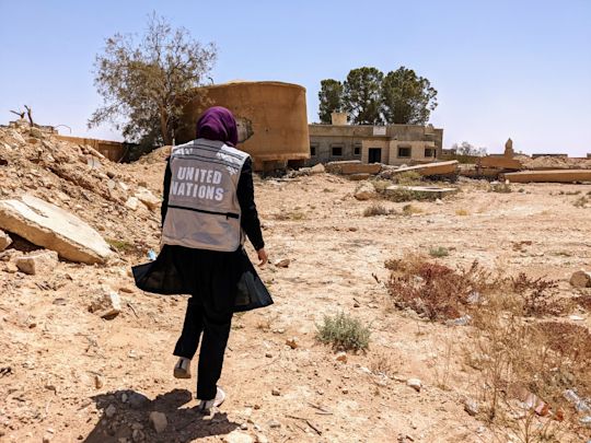 A water tank showcasing the extent of damage resulting from the 2011 conflict in Tawergha (OCHA/Jennifer Bose Ratka)
