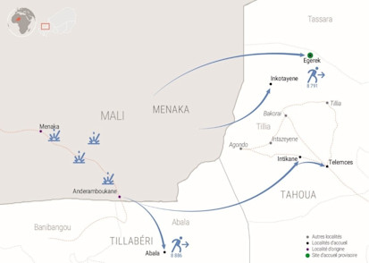 Carte sur les mouvements de populations dans les régions de Tillabéri et de Tahoua