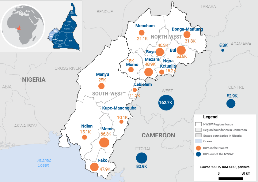 Map of IDPs from the North-West and South-West regions of Cameroon