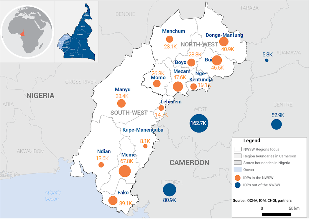 Map of IDPs and returnees from the North-West and South-West regions of Cameroon