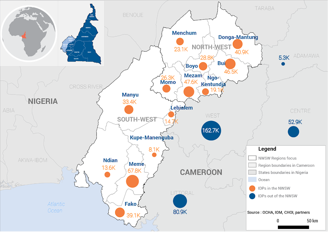 Map of IDP from the North-West and South-West Regions of Cameroon