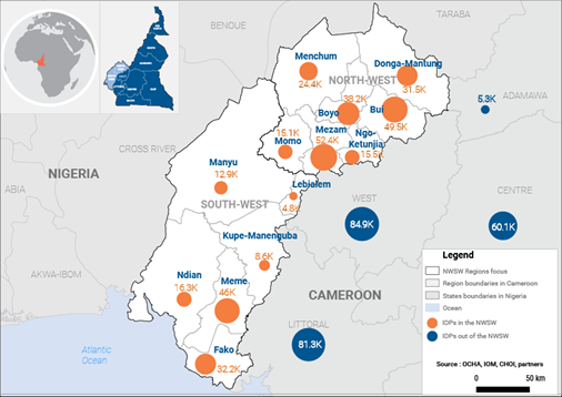Map of IDPs from the North-West and South-West regions of Cameroon