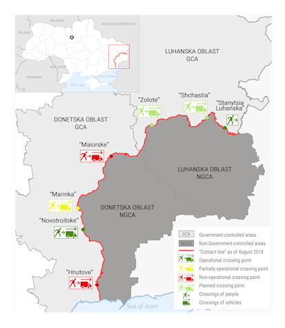 A map of eastern Ukraine divided by the 427-kilometre-long “contact line”.