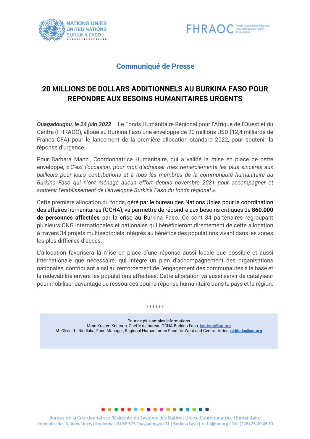 Communiqué de Presse: 20 MILLIONS DE DOLLARS ADDITIONNELS AU BURKINA FASO POUR  REPONDRE AUX BESOINS HUMANITAIRES URGENTS