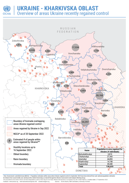 Ukraine - Karkhivska oblast: Overview of the areas where Ukraine has recently regained control in September 2022