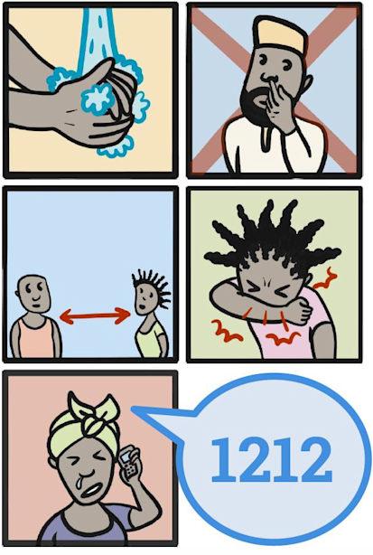 «Everyone can catch it, but everyone can also avoid it.» Humanitarian organizations in CAR play an important role in informing people about preventive measures against COVID-19 through radio messages, community awareness campaigns, in schools, health facilities and through the many drawings displayed in public places. ©OCHA/Mattia Villa.