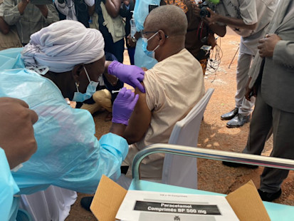 The Ministry of Health Pierre Somse received the COVID-19 vaccination at the kick-off ceremony of the national vaccination campaign in the capital Bangui. ©MINISTRY OF HEALTH/Jean-Louis DA, Bangui, CAR, 2021.