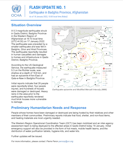 Earthquake in Badghis Province, Afghanistan - Flash Update No. 1 (As of 18 January 2022, 10:00 local time (Kabul)