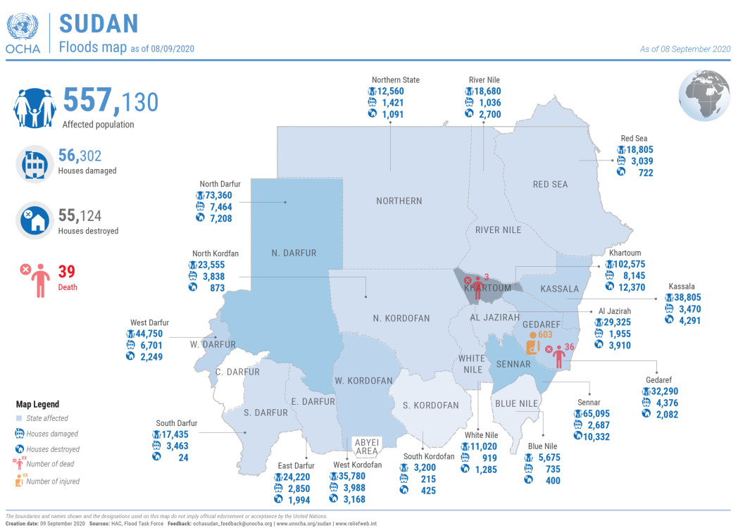 Sudan Floods Map (8 September 2020)