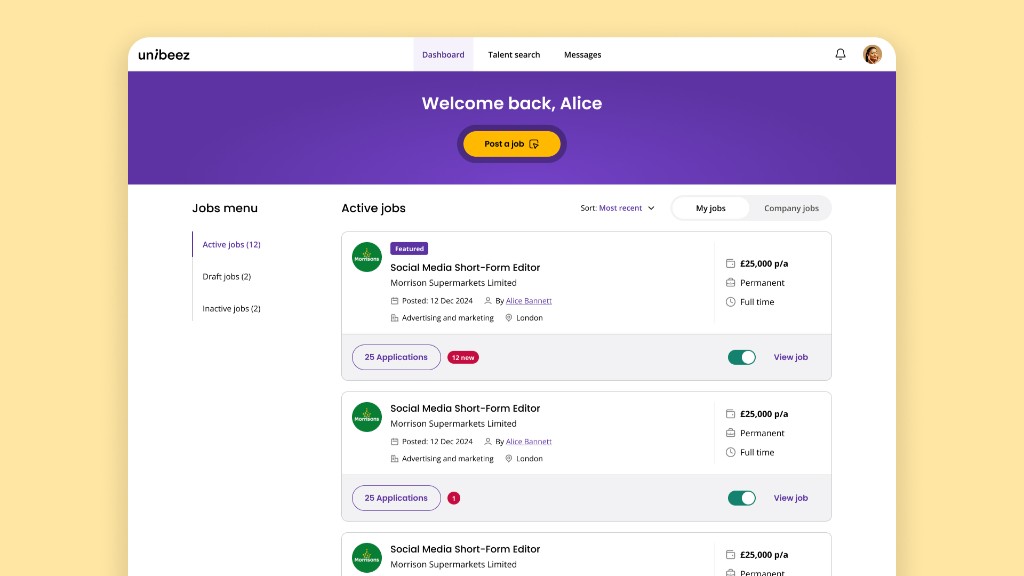 Unibeez — hirer dashboard