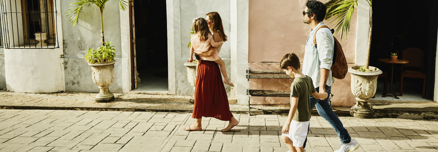 Family of four walking around