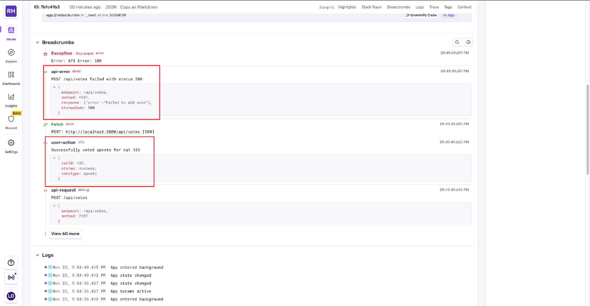 Error details view showing breadcrumbs leading up to an API Error 500, including failed POST requests to the votes endpoint, fetch errors, and user action context for an upvote attempt.