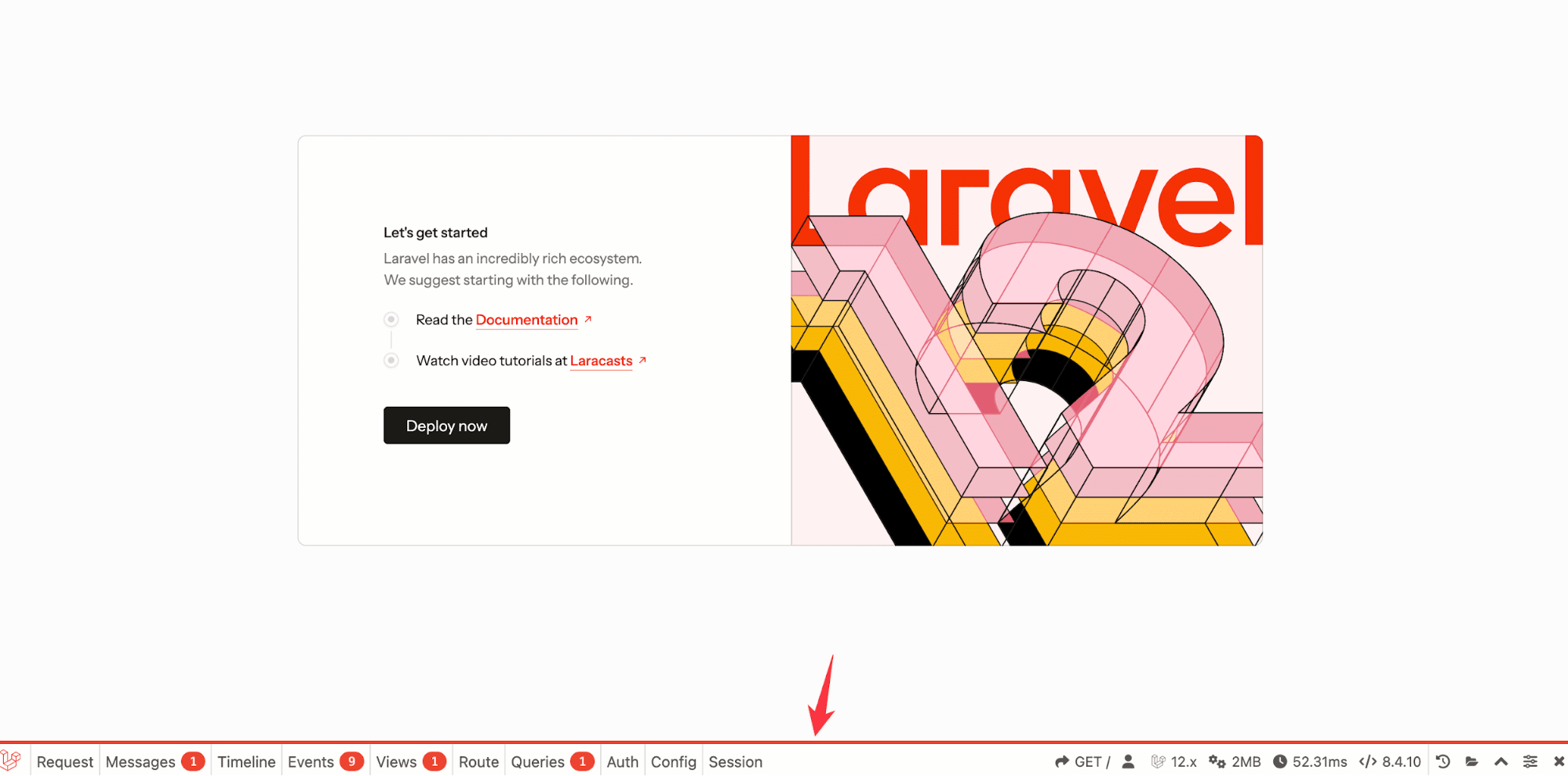 A red arrow pointing out the debug bar from Laravel Debugbar at the bottom if the application window