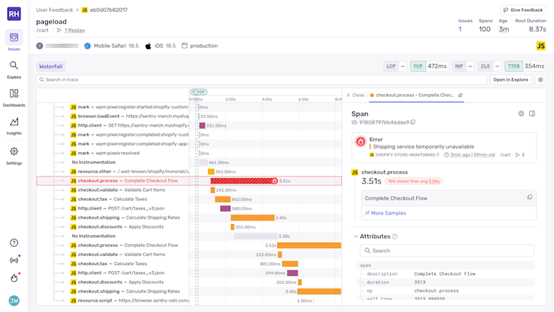Screenshot of the Sentry performance monitoring interface showing a checkout process trace with a highlighted span labeled “Complete Checkout Flow” and an error message “Shipping service temporarily unavailable,” indicating a 3.51-second delay.