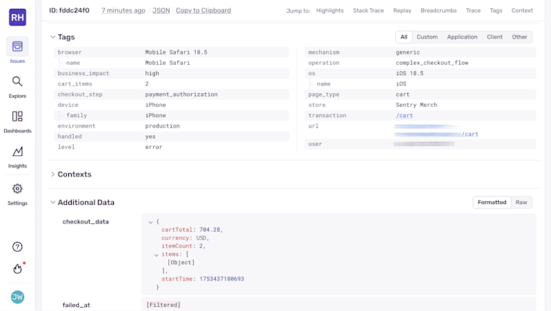 Screenshot of the Sentry error details view showing tags and context for a Shopify checkout failure, including device information, environment, checkout step, and additional data such as cart total, currency, and item count.