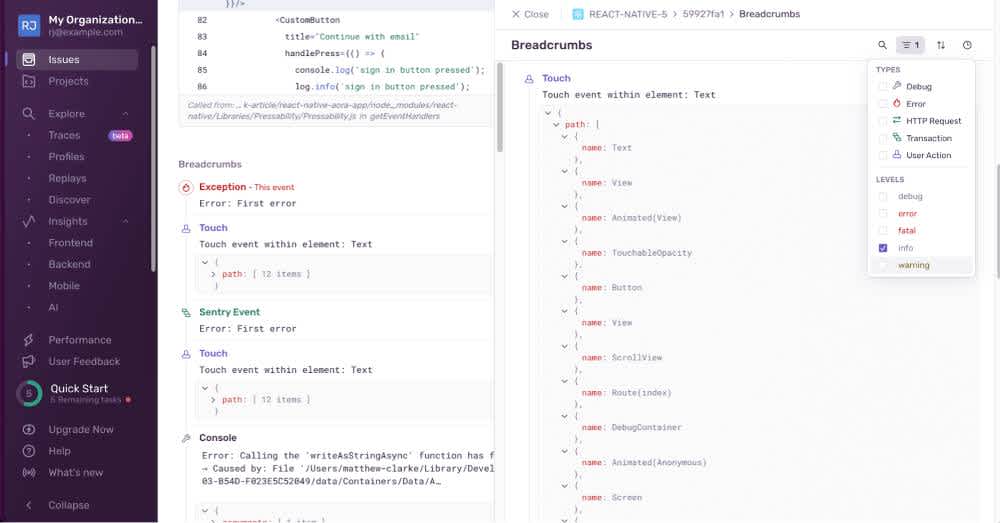 The Sentry issue page showing the different event filtering options in the top right corner.