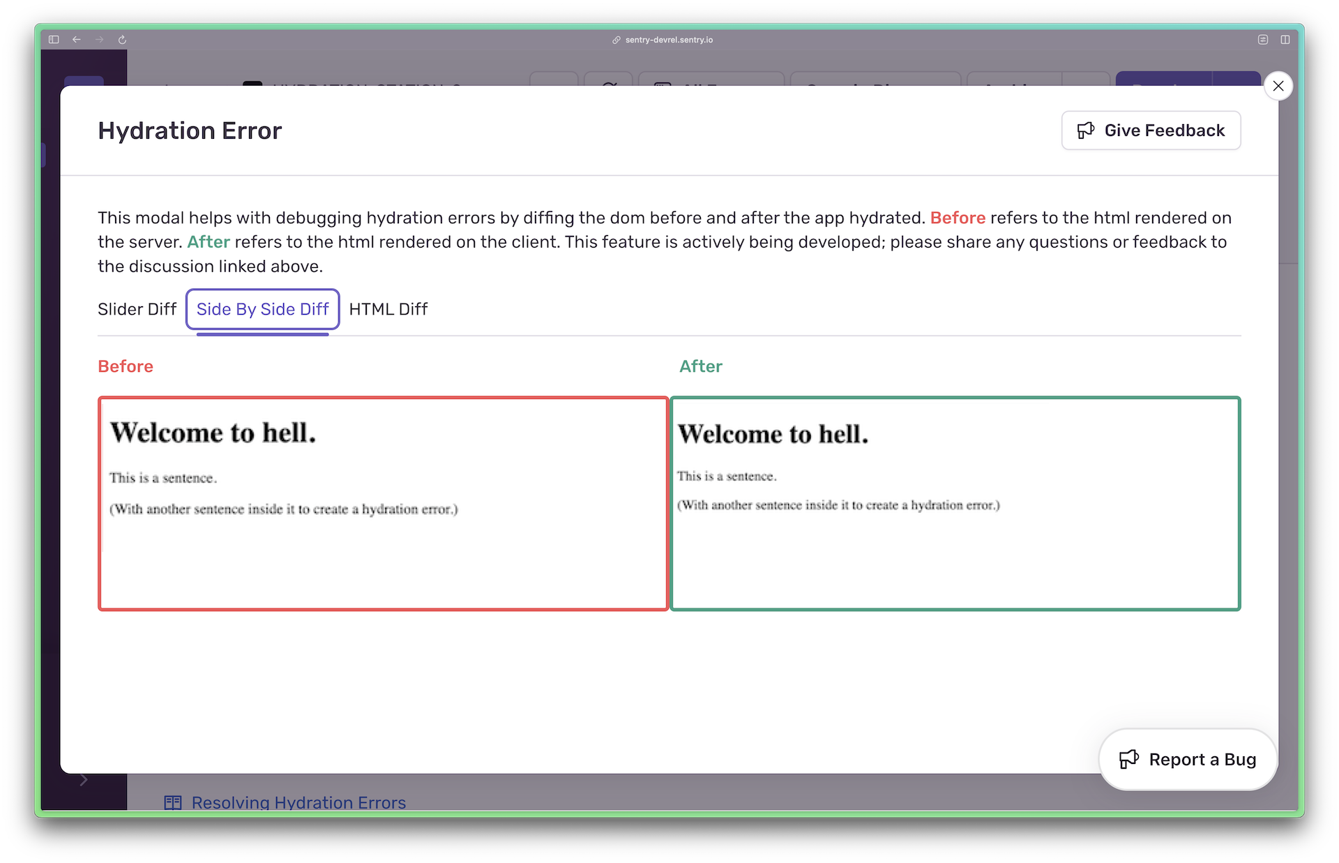 Hydration error side by side visual diff viewer, showing that the server rendered page is the same as the client rendered page.