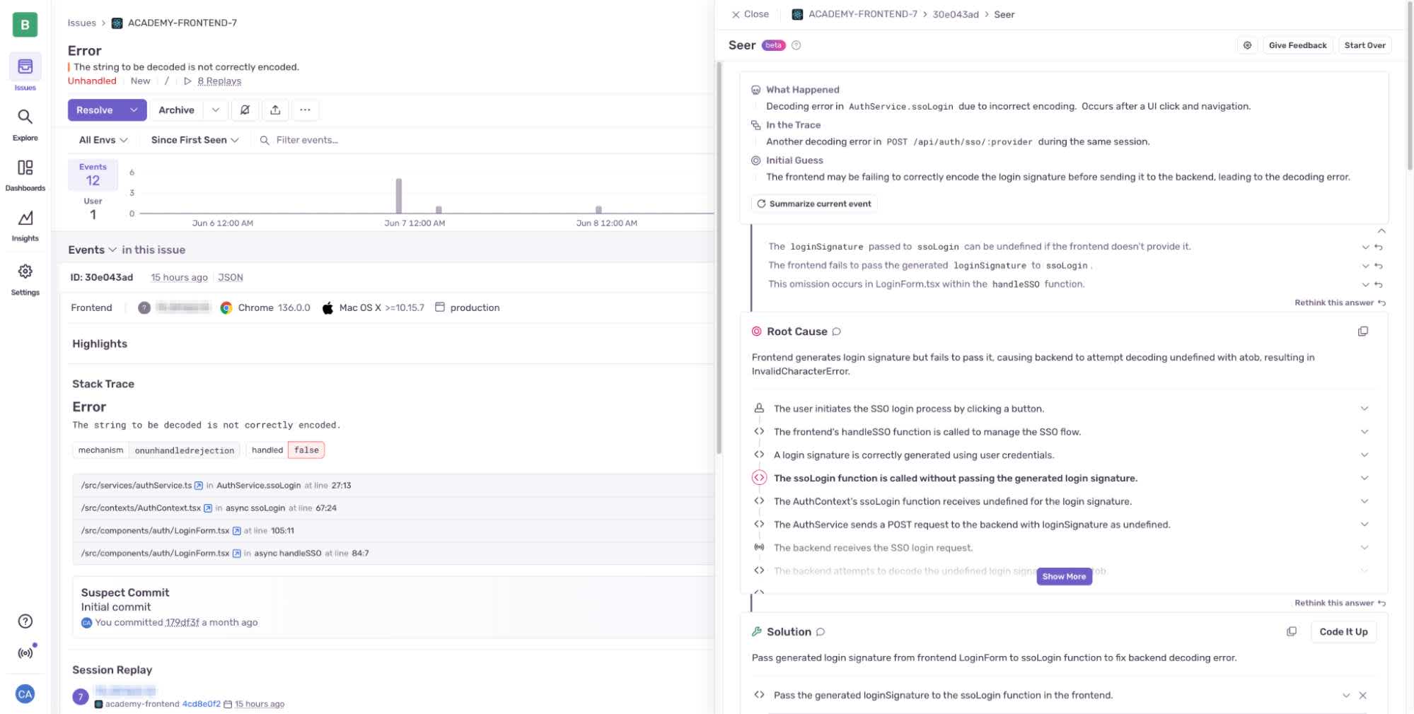 Screenshot from a Sentry dashboard with the AI agent Seer debugging an issue.
