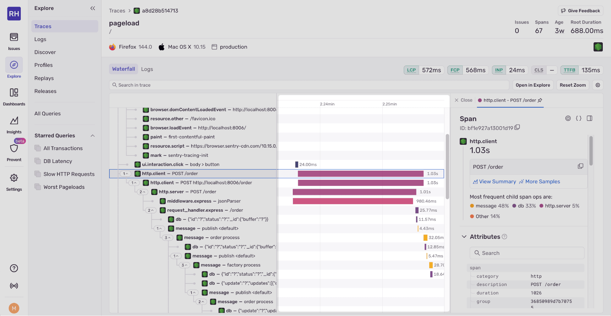 Zoomed waterfall centered on http.client POST /order, with long duration bars and HTTP span summary.