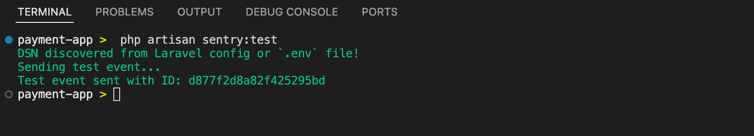A terminal window with lines showing that a test event has been sent with an ID.