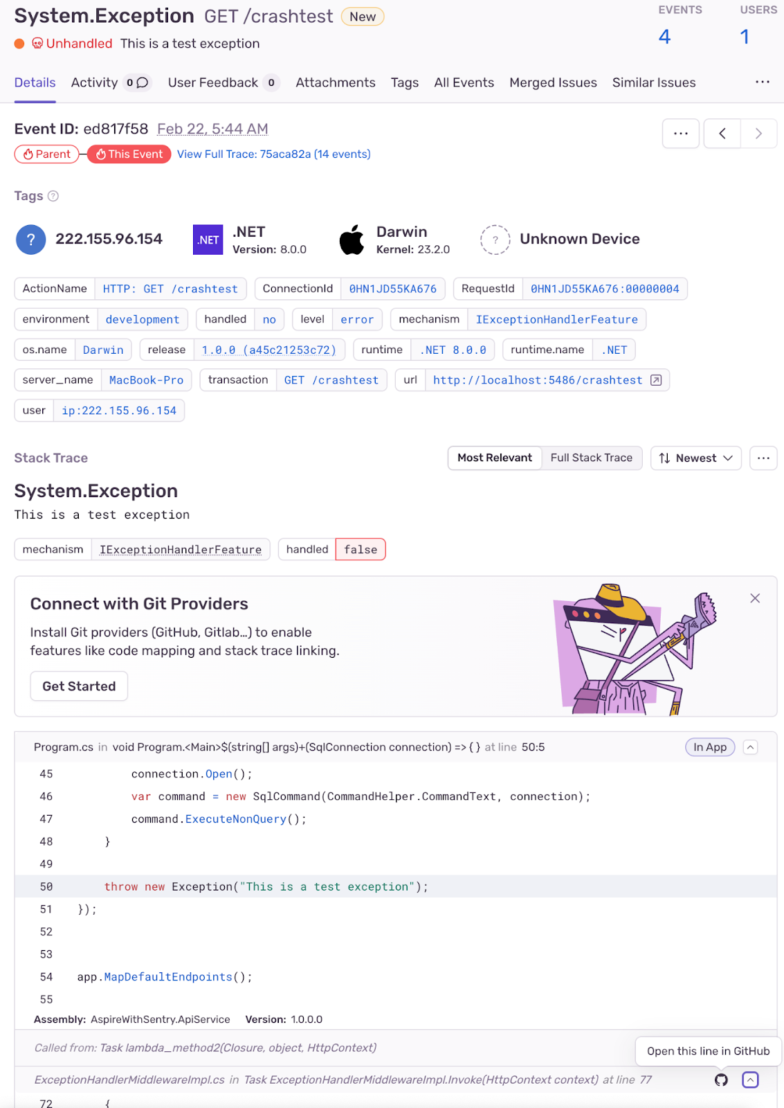 A crash in the Aspire app shown in a Sentry issue view.