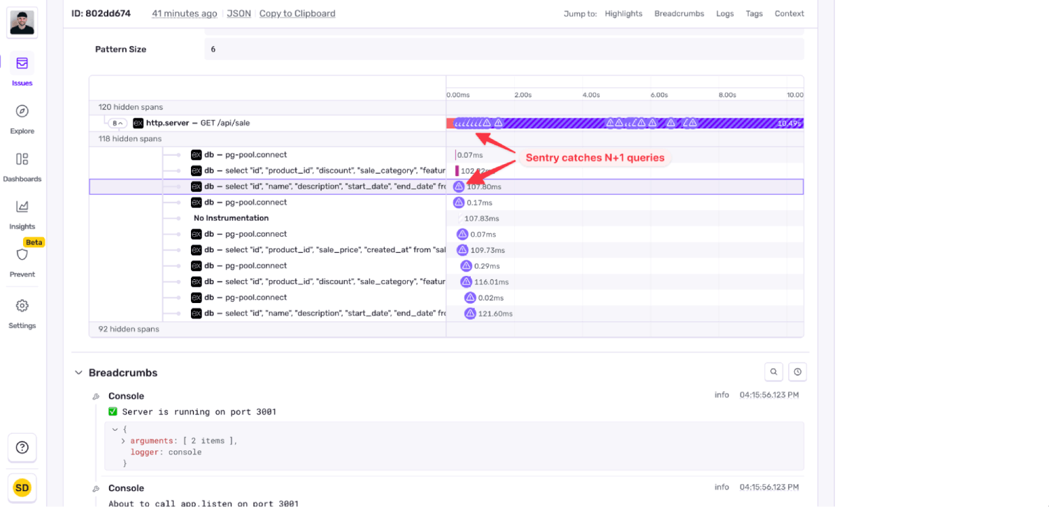 Sentry Trace View with N+1 errors