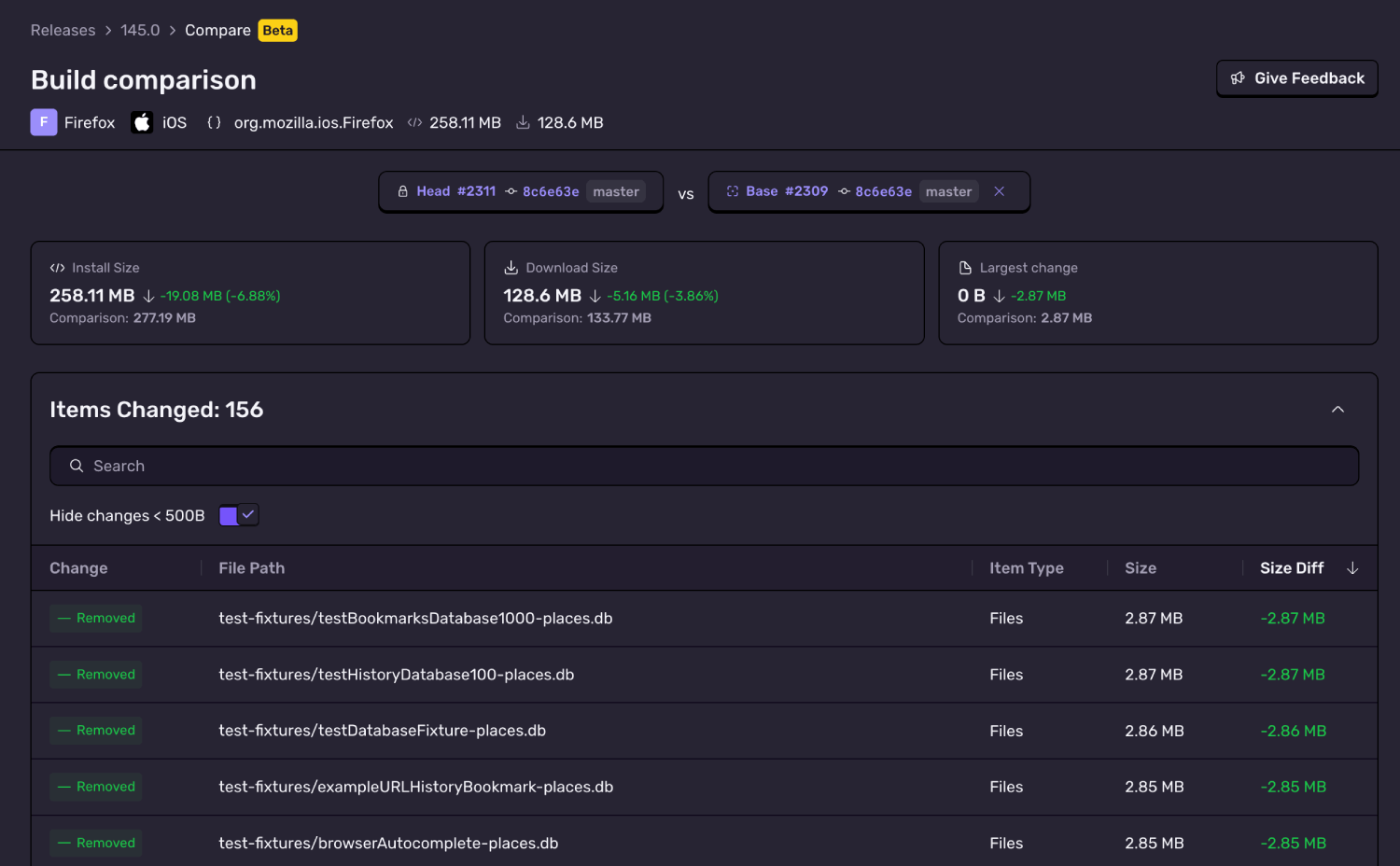 The build comparison feature of Size Analysis, showing what has changed in the app size between versions, what items changed in comparison.
