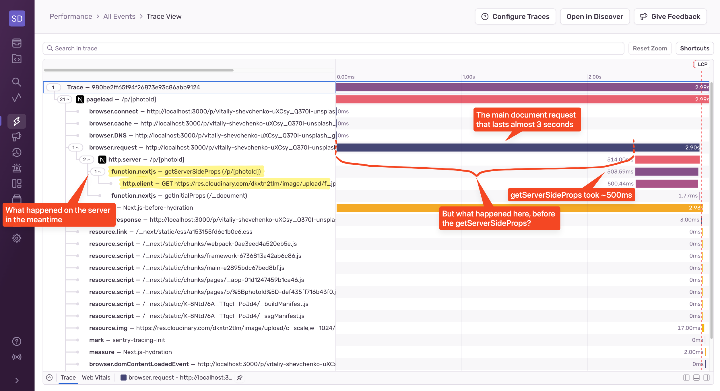A trace view of the slow page load that shows a long waiting time even before the getServerSideProps function