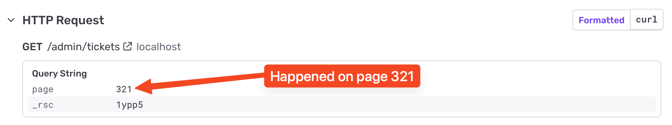 Screenshot of an HTTP request details panel showing a GET /admin/tickets request on localhost, with a query string highlighting page=321 and an annotation pointing out that the issue occurred on page 321.