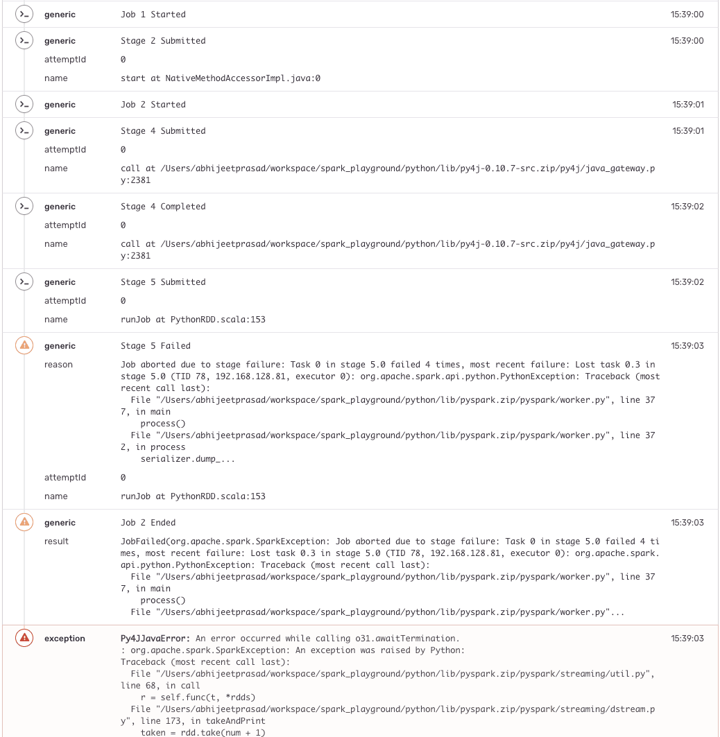 Screenshot of Sentry breadcrumbs showing logs from Apache Spark