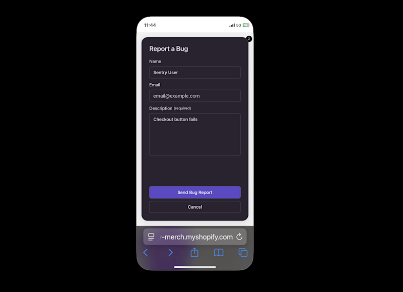 Screenshot of a mobile view of the Sentry “Report a Bug” feedback form showing fields for name, email, and a description reading “Checkout button fails,” with the purple “Send Bug Report” button visible.