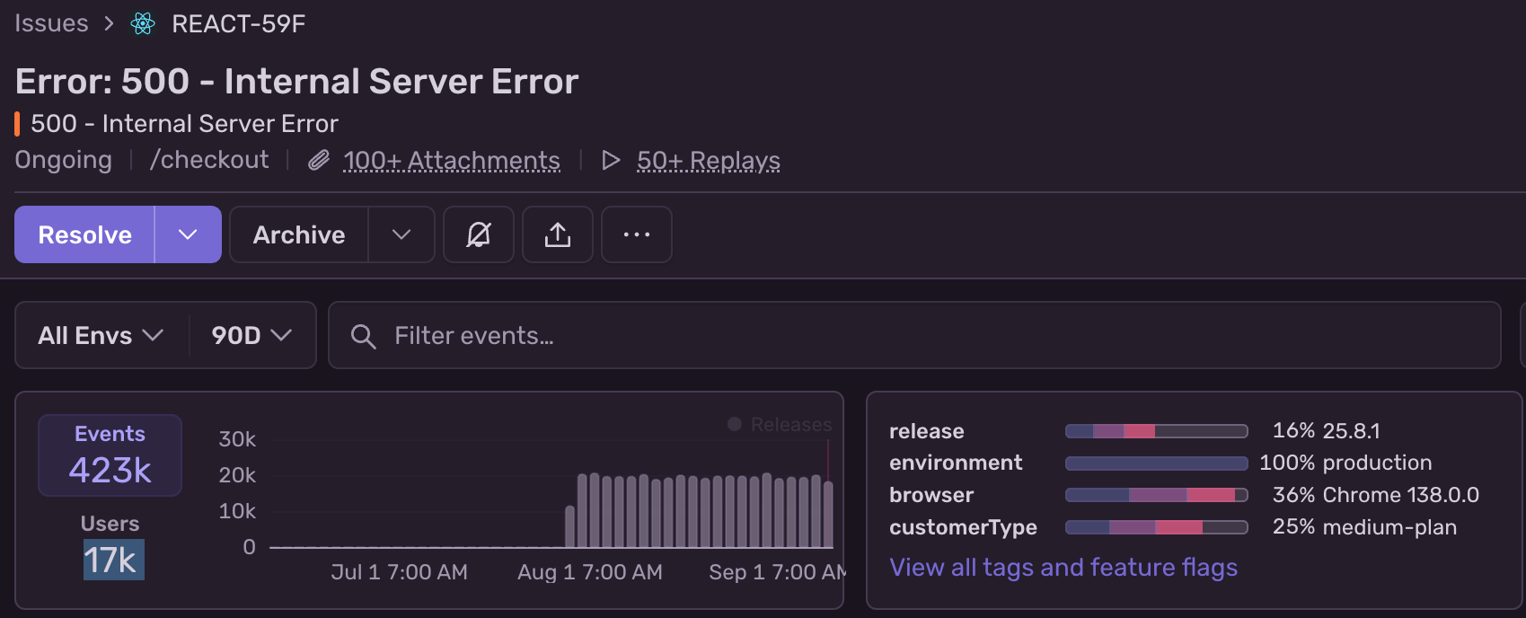 screenshot of a sentry error
