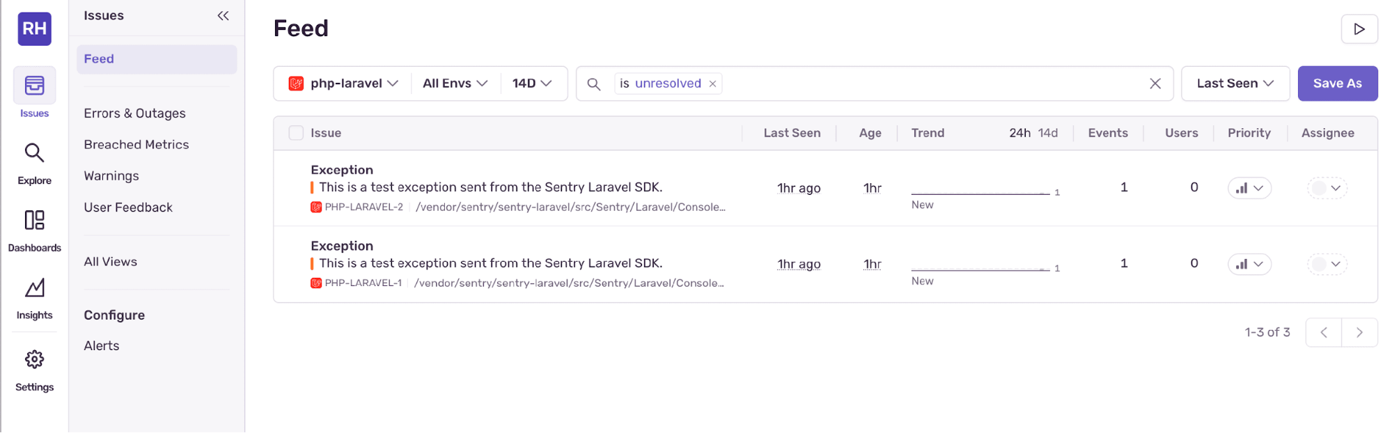 The Sentry dashboard with the Issue feed visible, showing two new exceptions.
