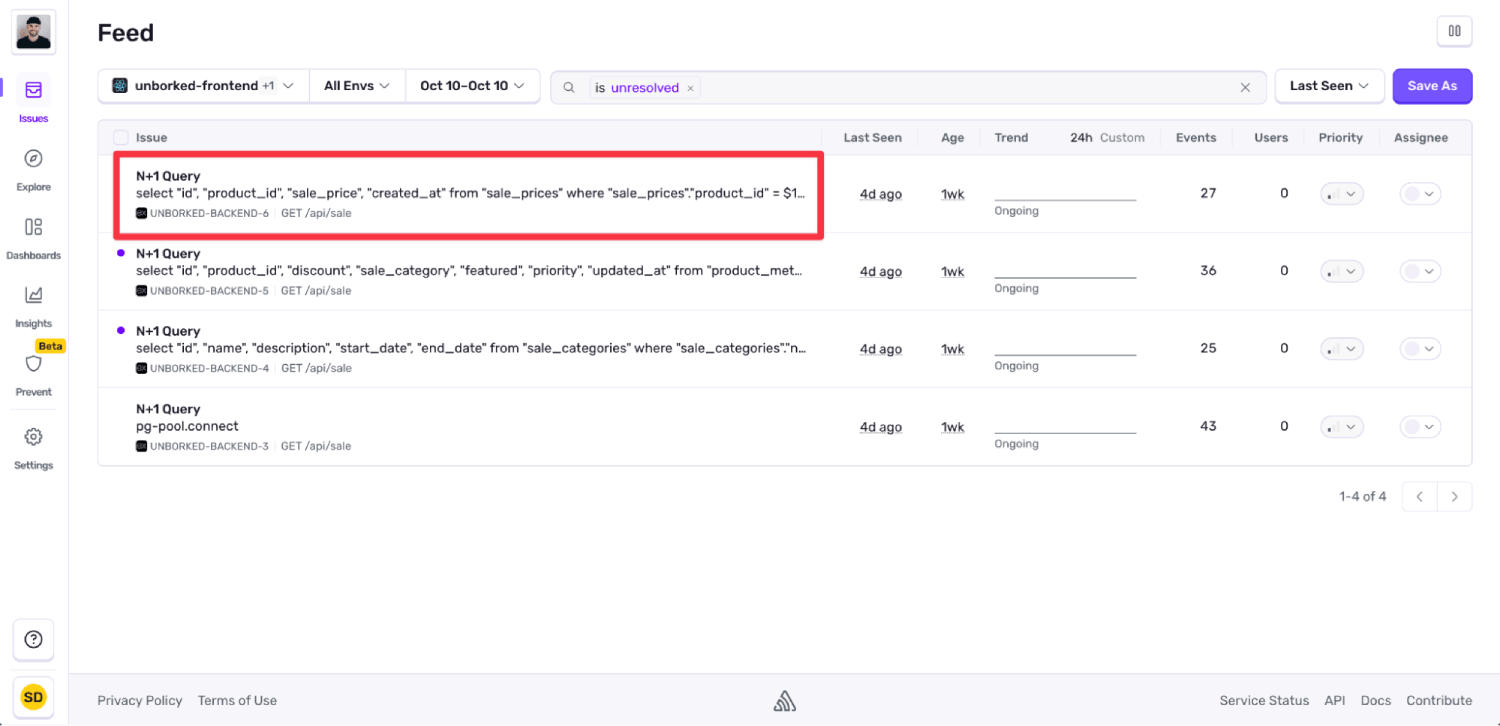 Sentry Issue view with N+1 issue highlighted