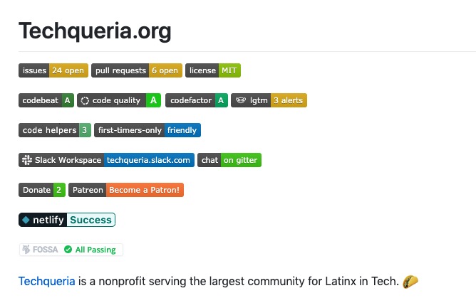 Integrations are indicated in the Techqueria README with badges.