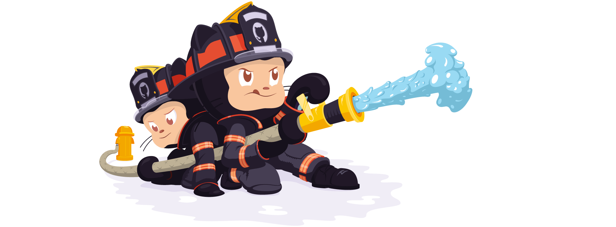 The Octocat in a firefighter uniform with a hose